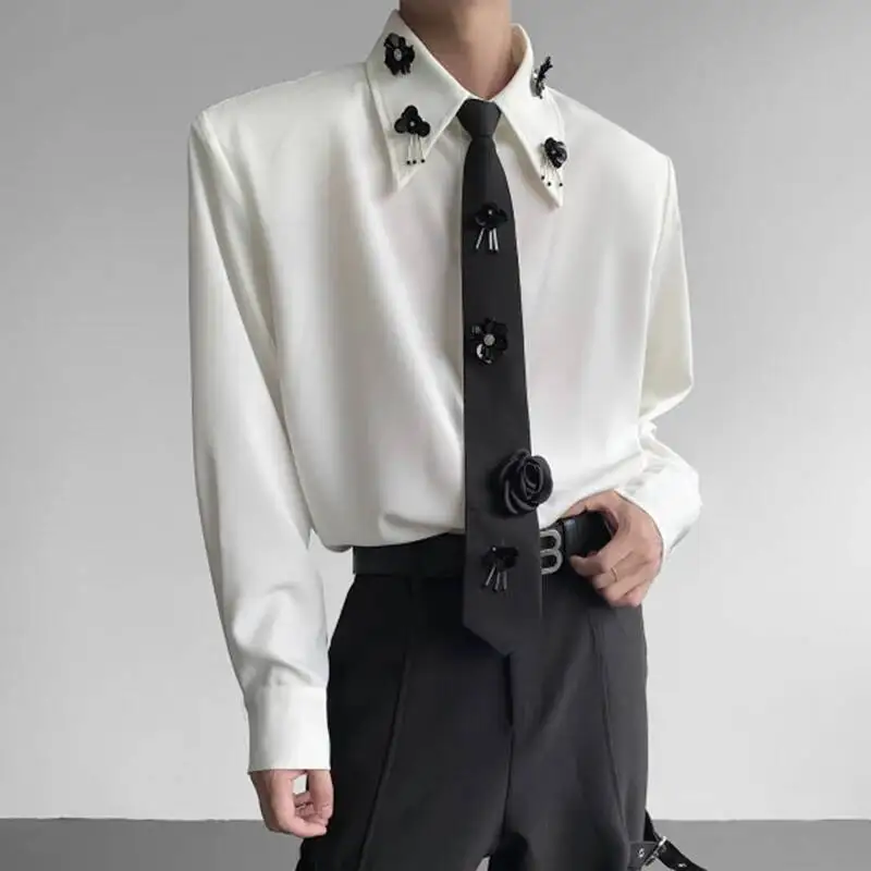 Fashion Men's Shirts Lapel Sequins Flowers Tie Design Niche Contrast Color Shirt Shoulder Padded Long Sleeved Tops 9XXPF