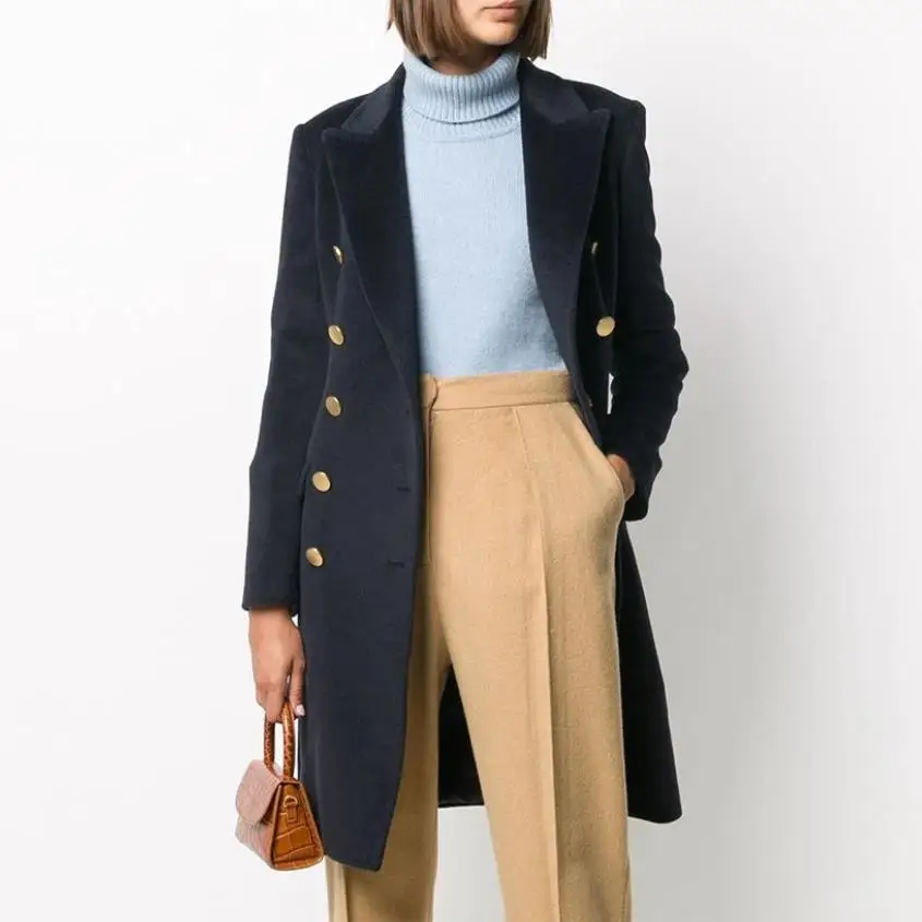Herfst winter elegante wollen jas met dubbele rij knopen dames slanke ol lange overjas kantoordame