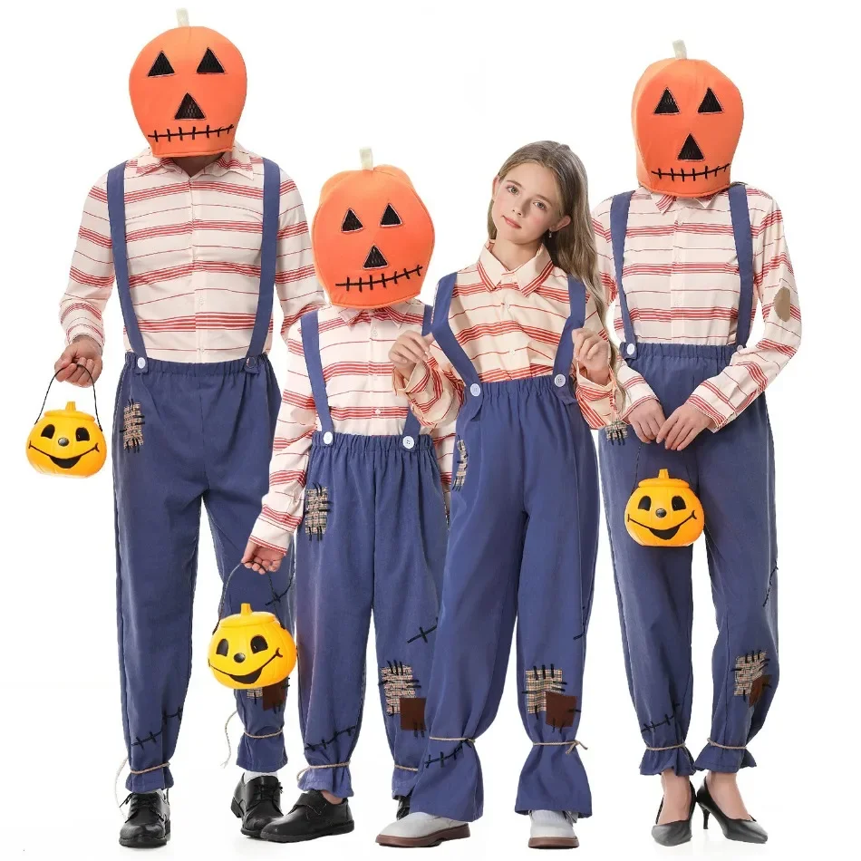 Disfraces de Halloween a juego para toda la familia: camisa a rayas, peto, bolsa de calabaza, disfraz de espantapájaros, para fiestas de disfraces, sesiones de fotos grupales y carnavales. PS66.