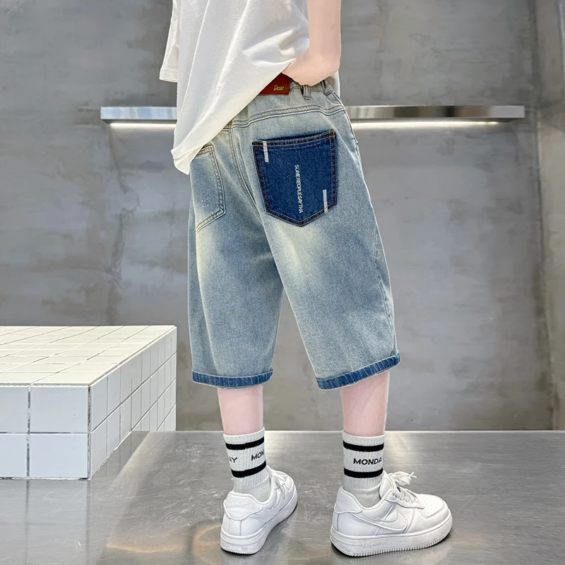 Korte stijl kinderen zomershorts voor jongens effen kleur denim shorts jeans kinderen tiener casual capribroek 5 7 9 11 13 14 jaar