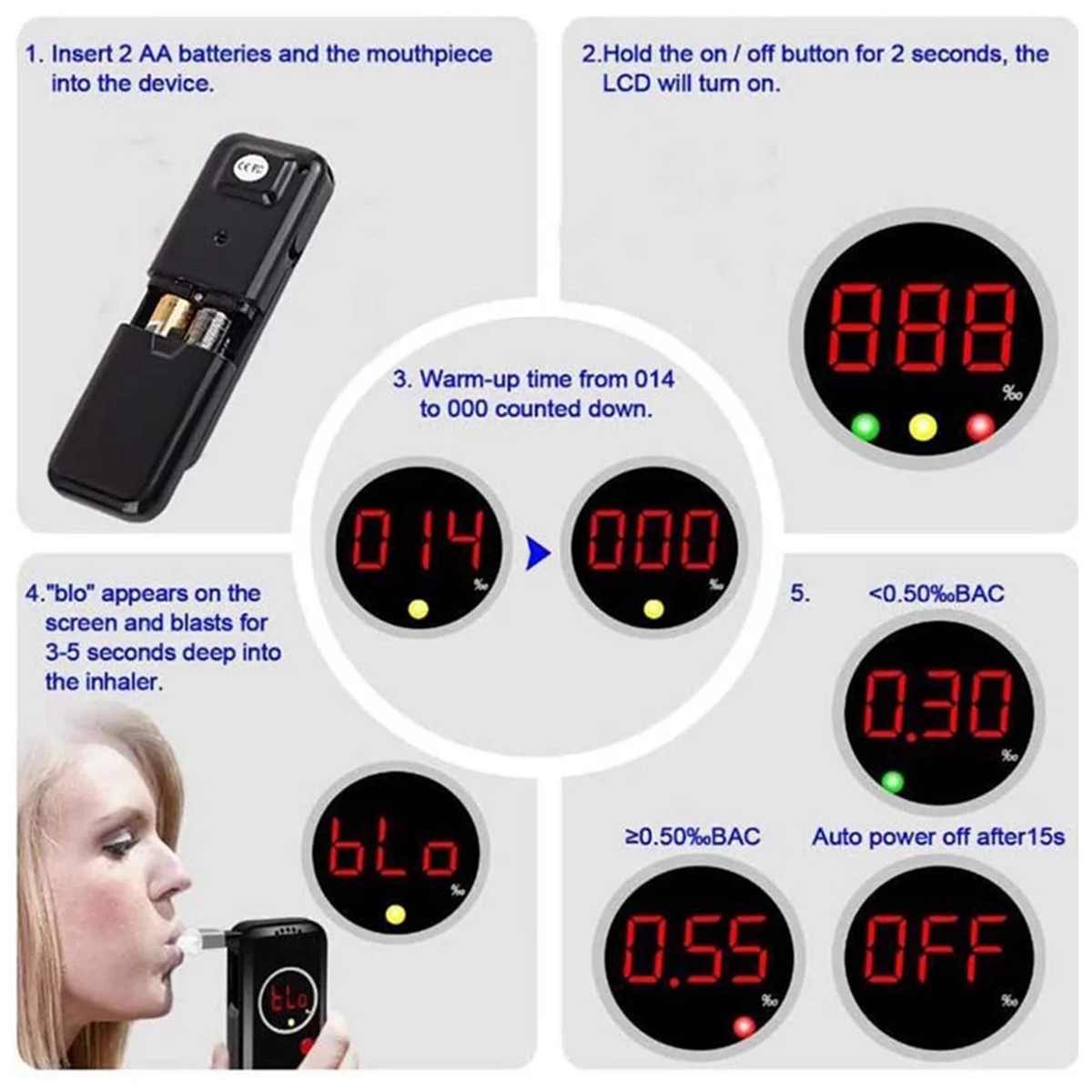 جهاز اختبار الكحول المحمول A79G AD-6000NS مع 6 أبواق عالية الدقة للاستخدام الشخصي قبل أن يقيط كل منها باللون الأسود