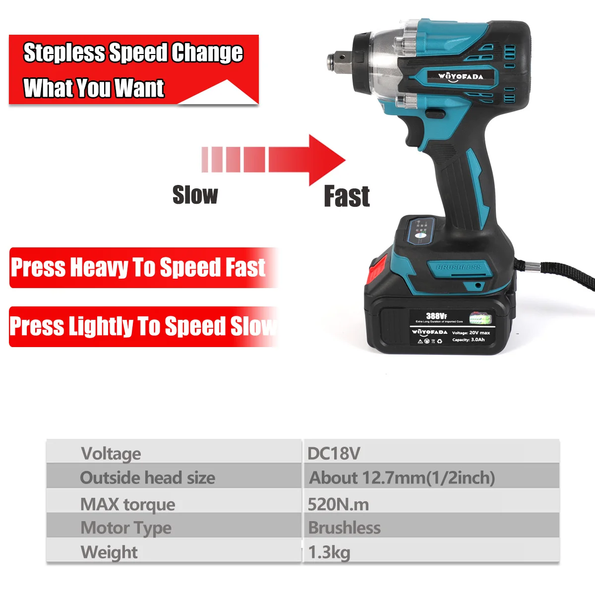 Imagem -02 - Woyofada-chave de Impacto de Lítio Brushless High Torque Chave Elétrica Recarregável Ferramenta de Poder sem Fio para Bateria Makita 18v