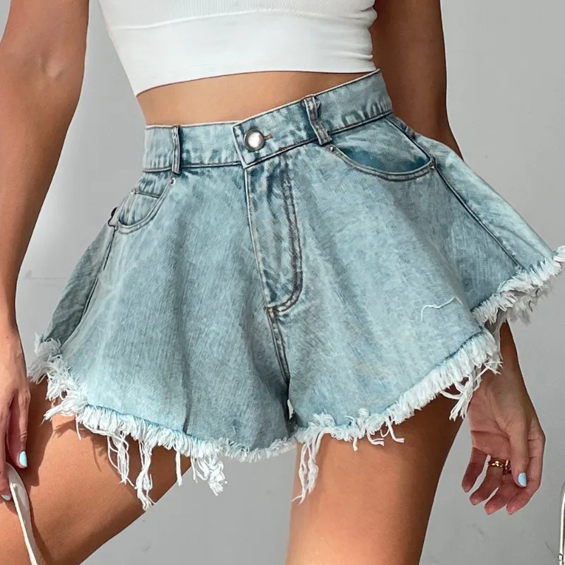 Feminino 2025 novo estilo europeu americano angustiado de cintura alta baggy franja denim shorts na moda streetwear bottoms