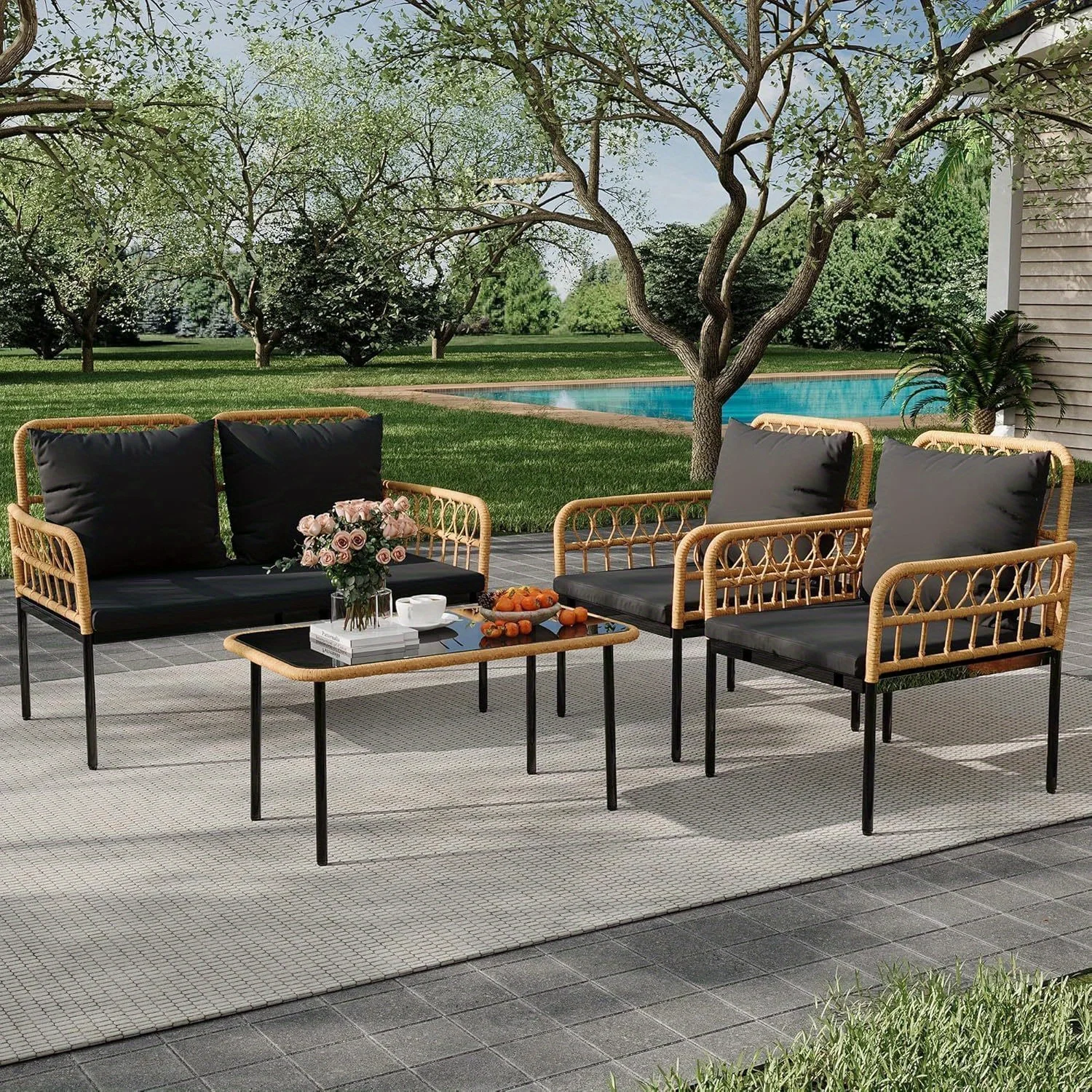 

4pcs Outdoor Patio Furniture Set with Removable Cushions & Adjustable Coffee Table - All-Weather PE Wicker Sofa