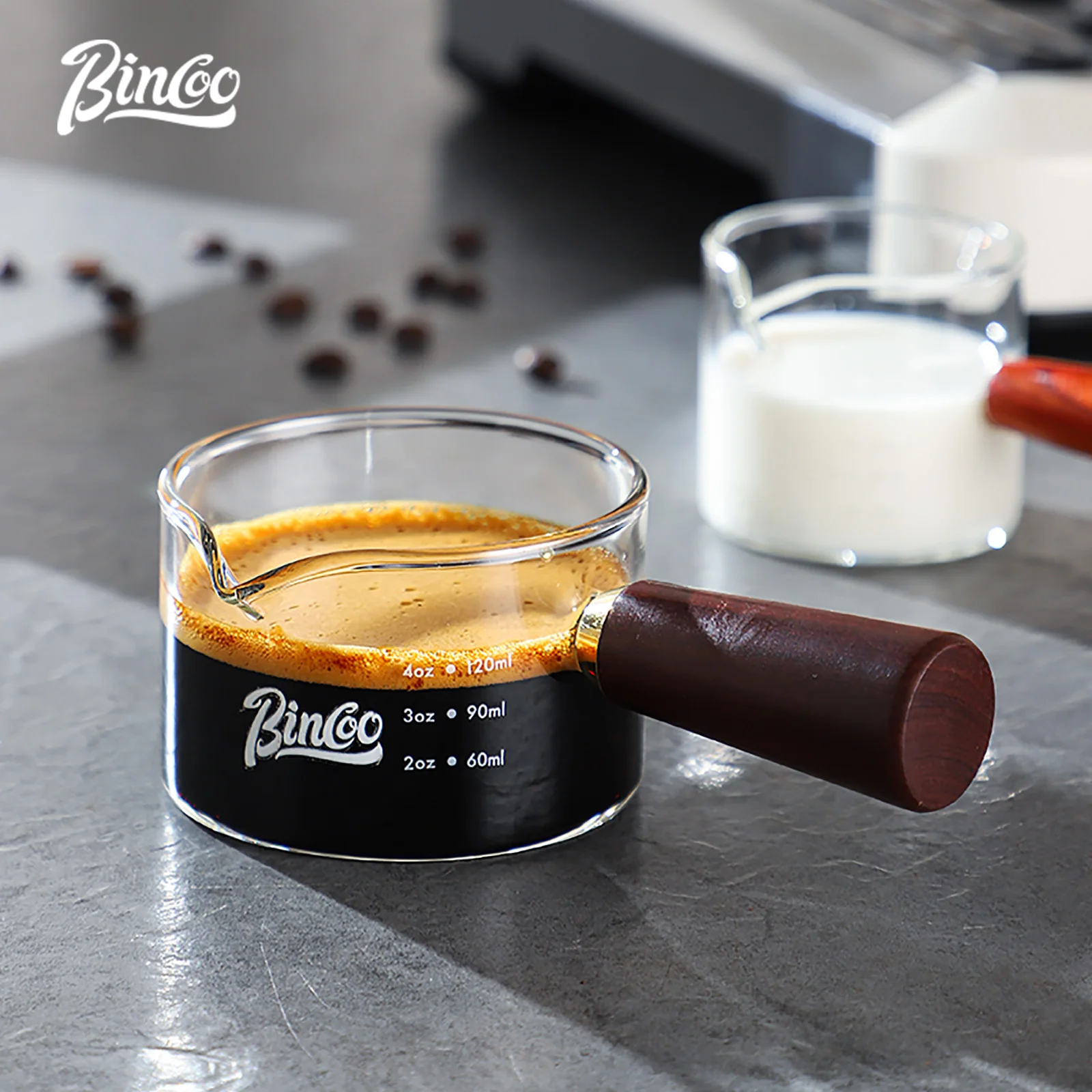 Glass Measuring Cup With Wood Handle 1pc Glass Espresso Measuring Cup Double Single Mouth Milk Coffee Clear Mug Coffee Supplies - Detail 1