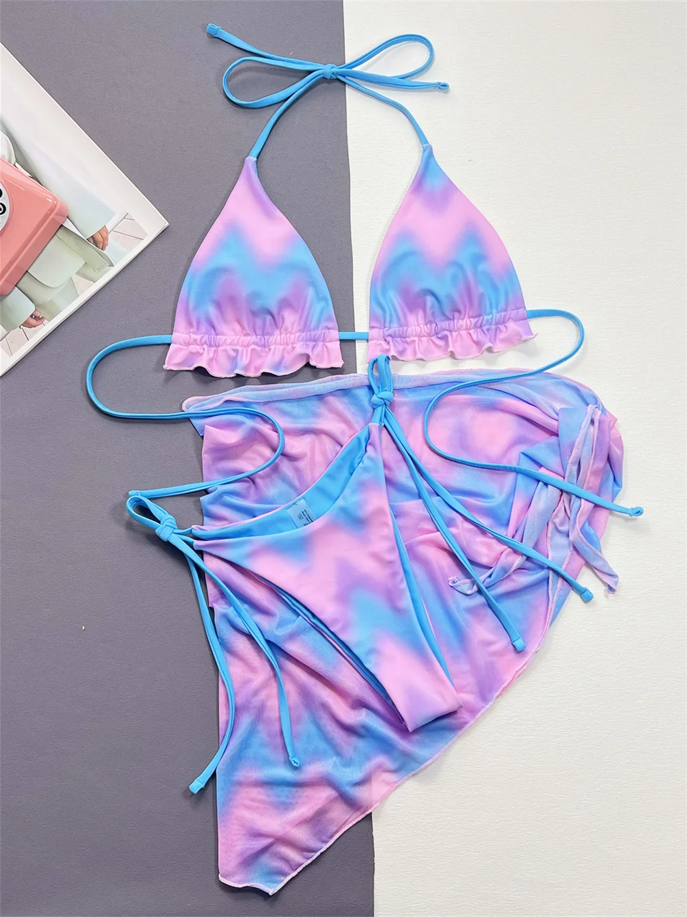 

Gradient Tie Dye Bikini Ruched Cute Y2K Swimsuit Push Up Bandage Beach Outfit Vacation Swimwear Women Bathing Suit Mesh Cover Up