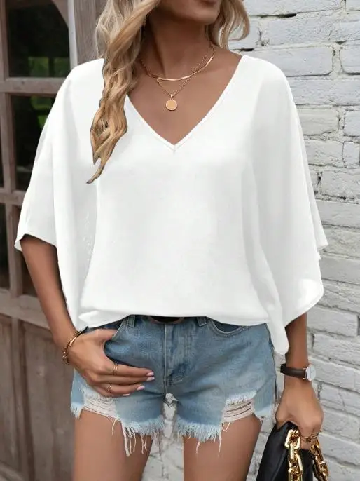 صيف جديد المنتج نمط بلون نصف كم تي شيرت هوديي الخامس الرقبة بلون فضفاض الخفافيش كم عادية المرأة تي شيرت