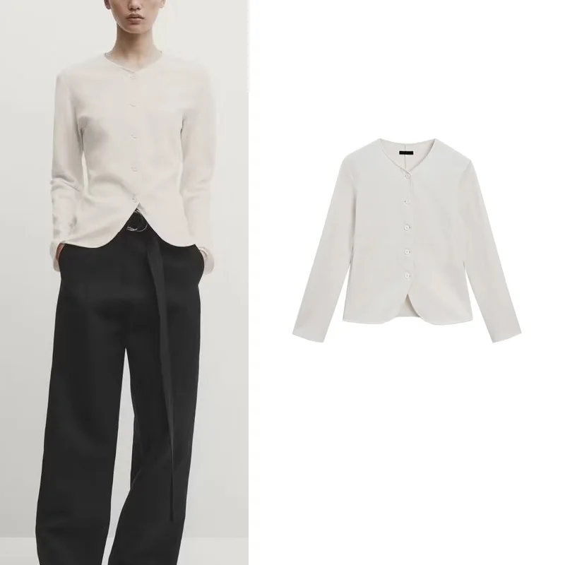 Fashionable Textile Shirt MD Women's Slim Fit Style Dragon Year Button Texture Shirt Long Sleeve  Collar Regular Length