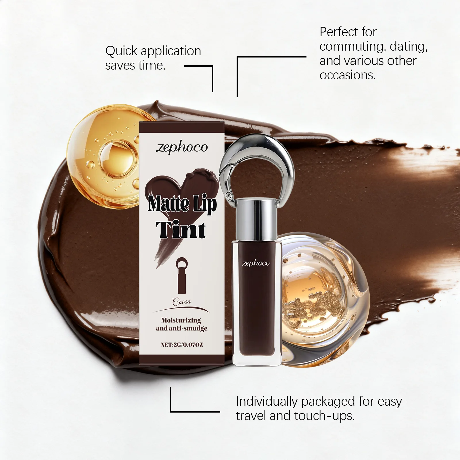 ココアマットシルキーリップグレイズ、塗りやすいマットな仕上がり、メイクなしでも軽い、肌色を改善し、潤いを与え、長持ちします。