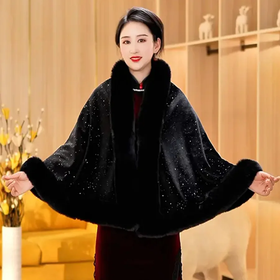 

Women Big Pendulum Outwear Winter Warm Velvet Thicken Shawl Coat Faux Rabbit Fur Collar Loose Poncho Wedding Shinny Sequin Cape