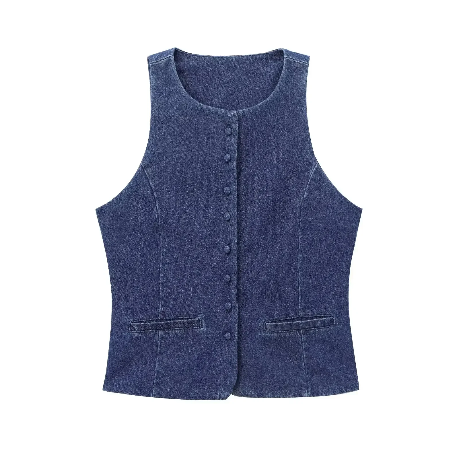 Women's 2024 new fashion button decoration casual slim O Neck denim vest top retro sleeveless pocket women's vest chic top