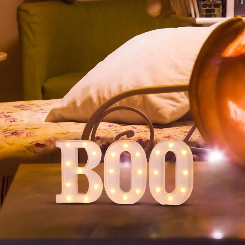 Boo ไฟฮาโลวีนตัวอักษรฮาโลวีน3ชิ้น, ไฟตัวอักษรฮาโลวีนไฟกลางคืนไฟฮาโลวีนสัญลักษณ์ Boo LED สำหรับห้องครัว