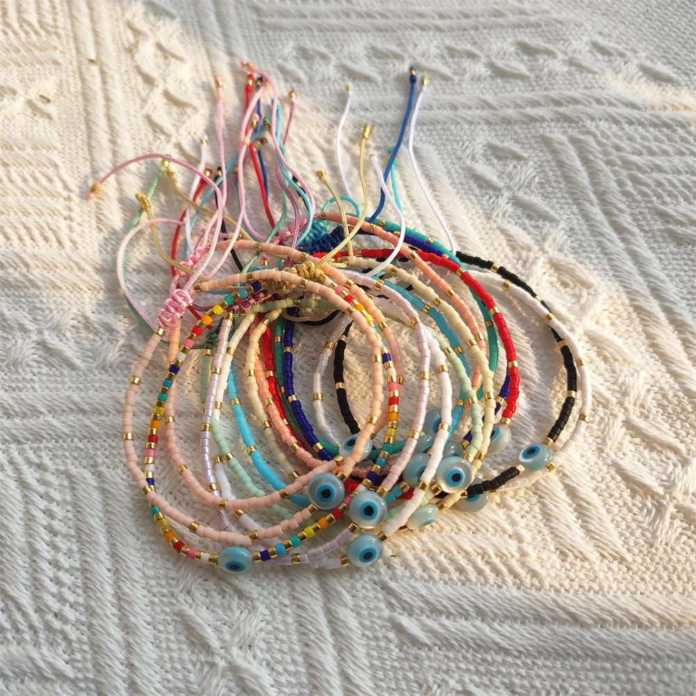 

KKBEAD Colored Miyuki Japanes Beads Evil Eye Bracelet Tiny Dainty Bracelets for Women Boho Jewelry Adjustable String Pulsera