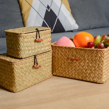 Retro Rattan con coperchio confezione regalo Seagrass scatola portaoggetti intrecciata a mano scatola portaoggetti da tavolo scatola regalo compagno cesto di vimini