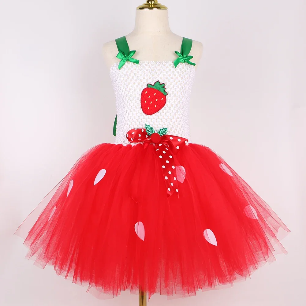 Toddler Girls Strawberry Costume Kids Fruit Theme Birthday Party Tutu Dress Girl Halloween Christmas Princess Dress Up Clothes