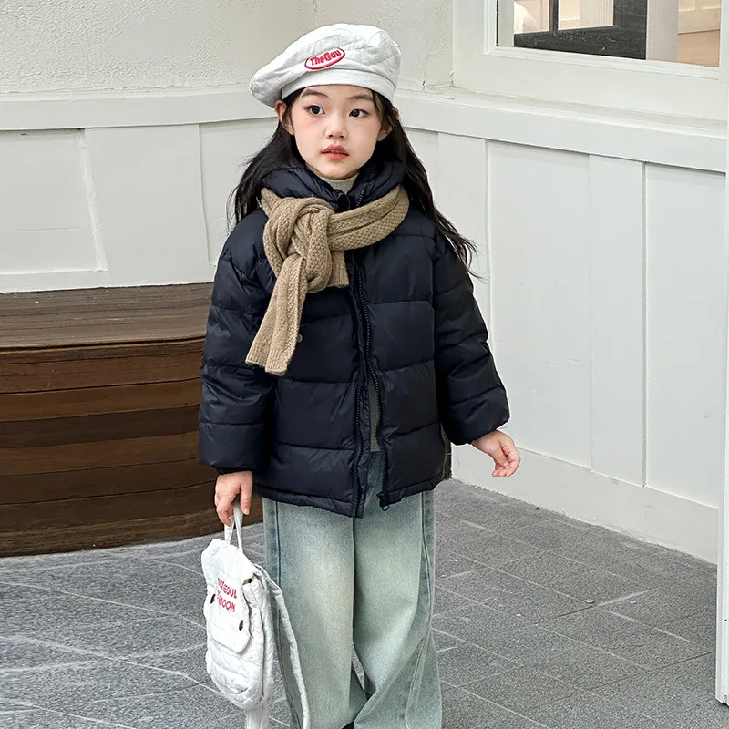 2024 Children Girls Winter Light Down Jacket Solid Warm Hooded Kid Girls Overcoat Korean Style Soft Zipper 3-12Y Girls Outerwear