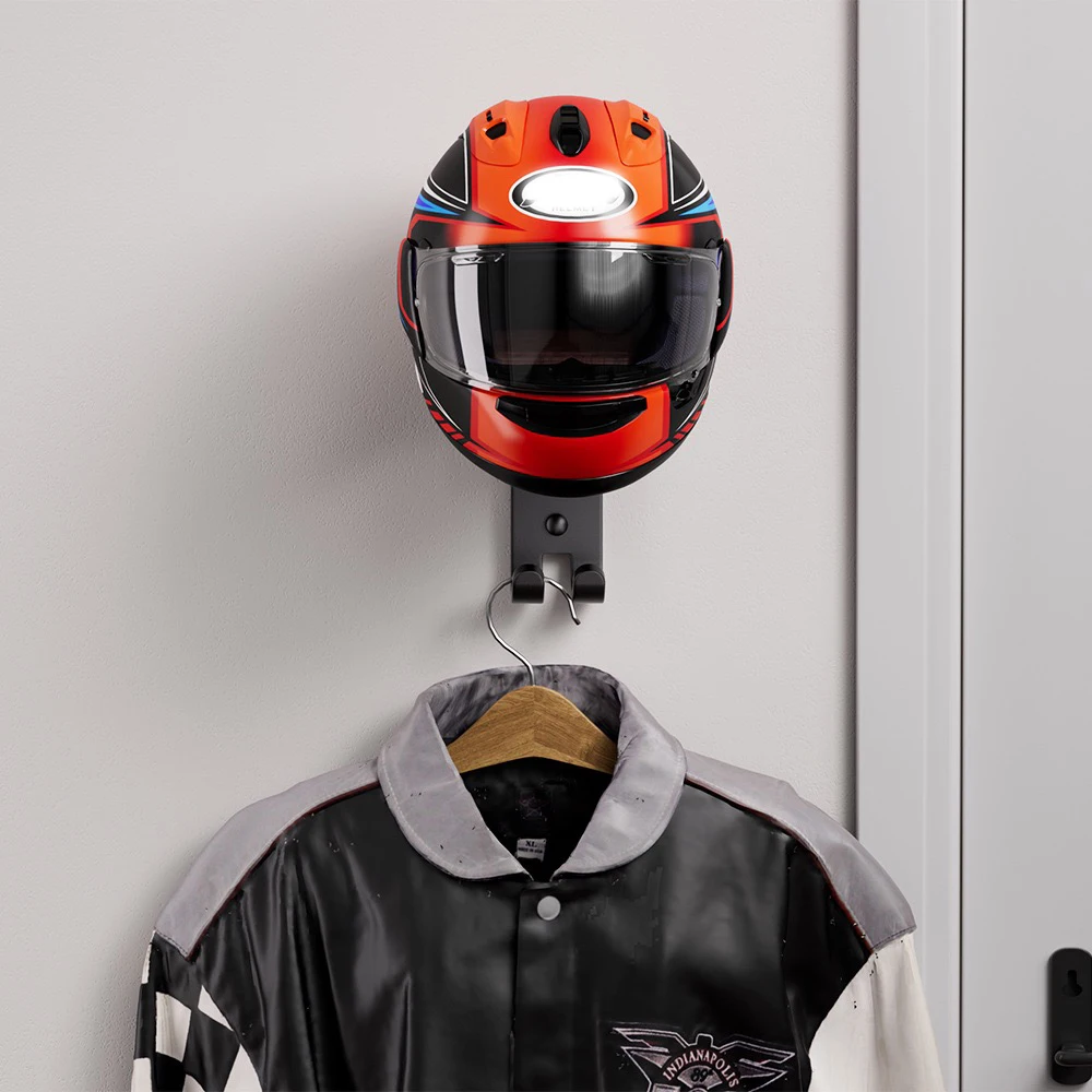 حامل خوذة حامل خوذة دراجة نارية مجموعة مكونة من قطعتين، حامل خوذة مثبت على الحائط مع خطافات مزدوجة، خطافات خوذة مناسبة لـ fo #4