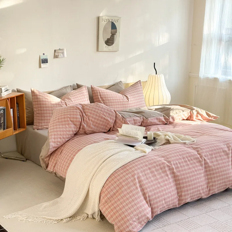 

Class A Yarn-dyed Washed Cotton 4-piece Set Pure Cotton King Size Duvet Cover with Sheet 2 Pillowcases Queen Option Euro Bedding