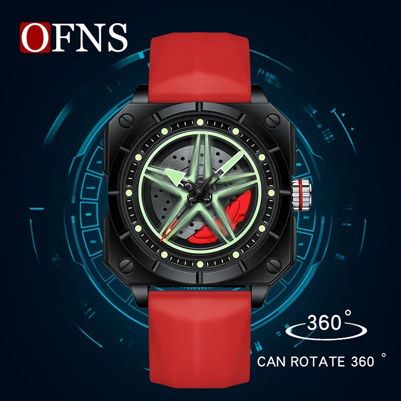 OFNS 8017 New Fashion Men's Square Quartz Watch Trendy Rotating Pentagram Waterproof Luminous Sports Wristwatch