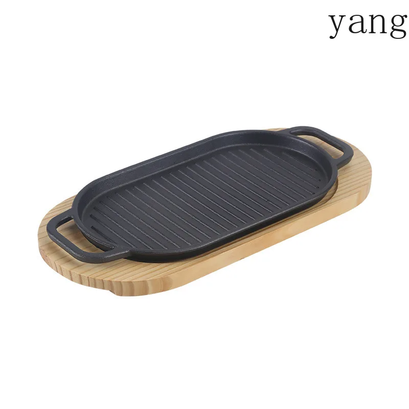 Yjq 2pcs grill pan Oval striped grill pan Thickened rectangular tomahawk steak teppanyaki pan