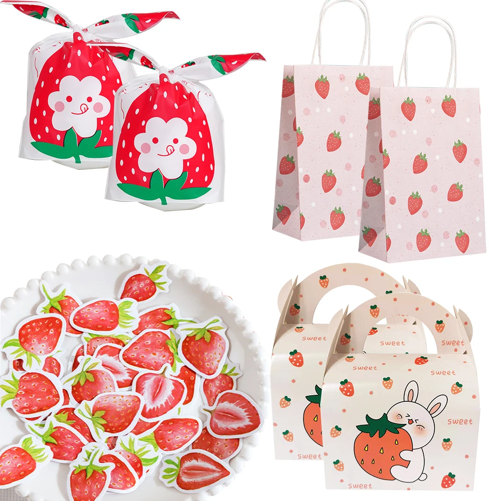 Bolsas de regalo de fresa para niños, cajas de embalaje de galletas de caramelo, suministros de fiesta de feliz cumpleaños, embalaje de artesanía DIY, 1 paquete