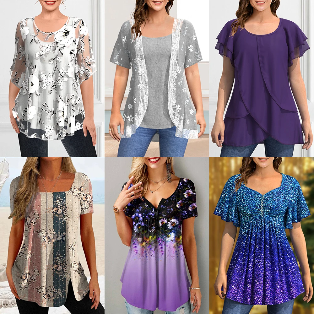 Camisas informales de talla grande para mujer, Blusa de gasa con estampado Floral y volantes, manga corta, dobladillo asimétrico en capas, cuello redondo, Top de viaje diario