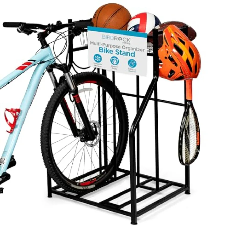 

Bike Rack Garage Storage Floor Stand - Freestanding Organizer for Outdoor Yard - Upright Wall Mount for Scooters, Rakes, Motorc
