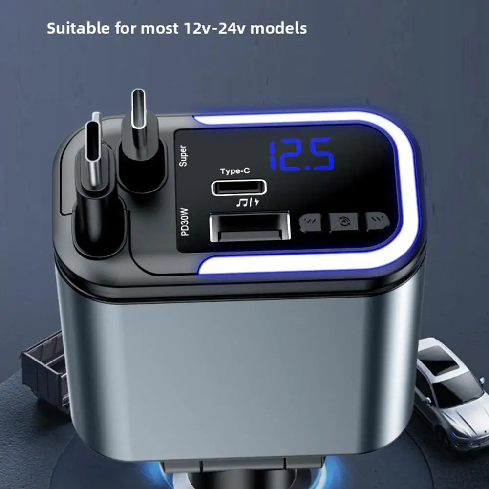 Bluetooth Car FM Transmitter Music Player with Blue Ambient Light High Resolution Stereo Lossless Playback Fast Charging