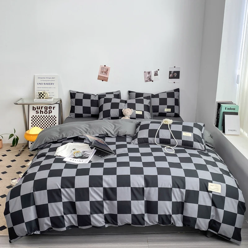 Plaid Duvet Cover Black Gray Checkered Bedding Set with Zipper Simple Luxury Boys Men Comforter Cover Soft Polyester Quilt Cover