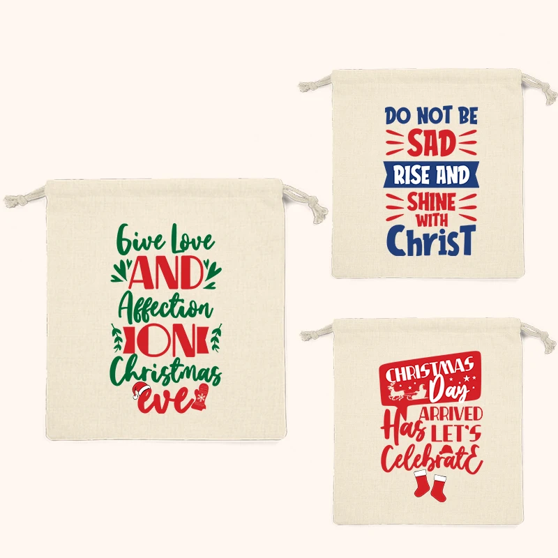 10 STKS Kerst Zegen Quotes Trekkoord Opbergtas Canvas Snoep Tas, Herbruikbare Tas, Huishoudelijke Artikelen Classificatie Tas