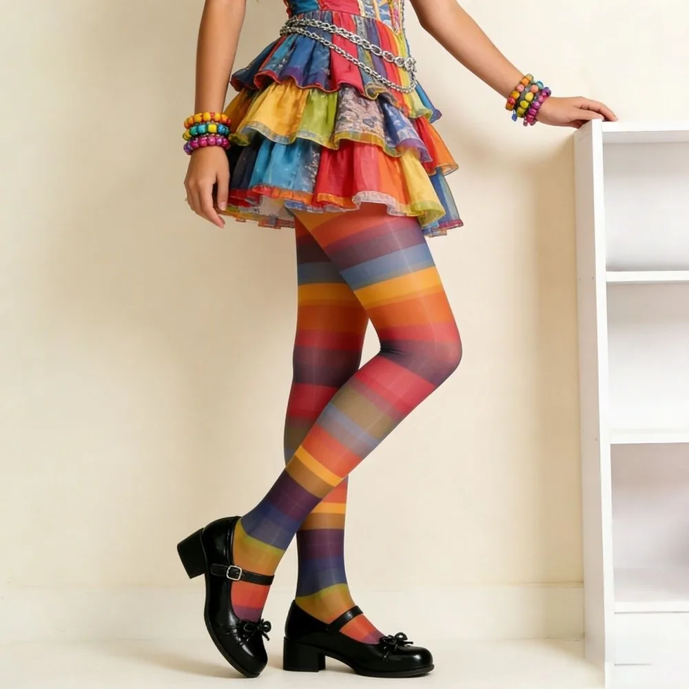 Sweet Seamless Rainbow Pantyhose Elastic Breathable Colorful Stripes Stockings Thin Leggings Gradient Color Tights Cosplay