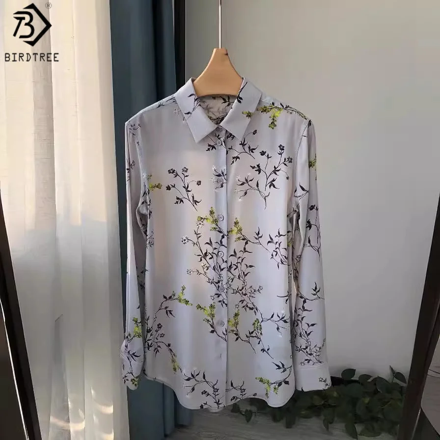 

BirdTree 18MM 100% Mulberry Silk Shirts,Women's Sand Washed Floral Print Blouses,Floral Long Sleeves 2025 Summer AutumnT54507JF