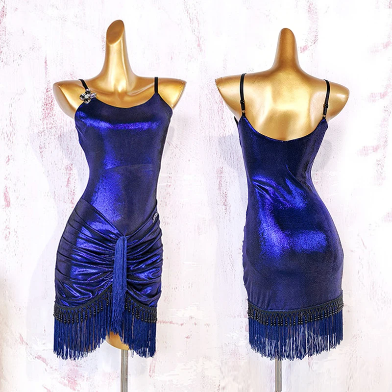 

2026 Blue Latin Dance Performance Dress Women Cha Cha Dancing Clothes Adult Rumba Samba Practice Wear Fringe Sling Dress VDL5439
