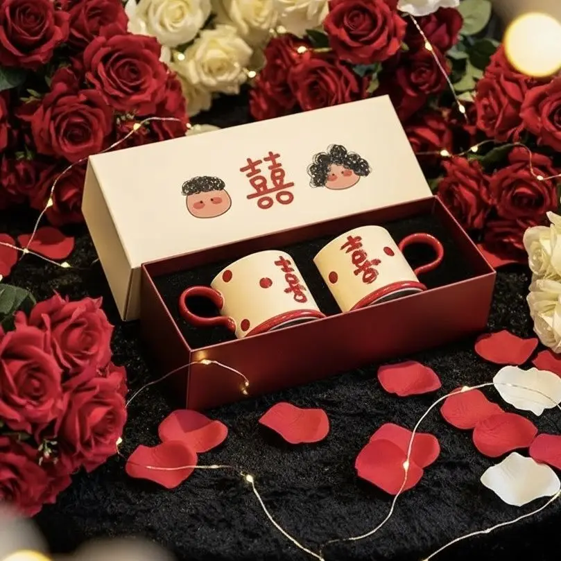 double-happiness-retro-illustration-mugs-couple-set-high-aesthetic-value-best-friend-wedding-engagement-wedding-gift