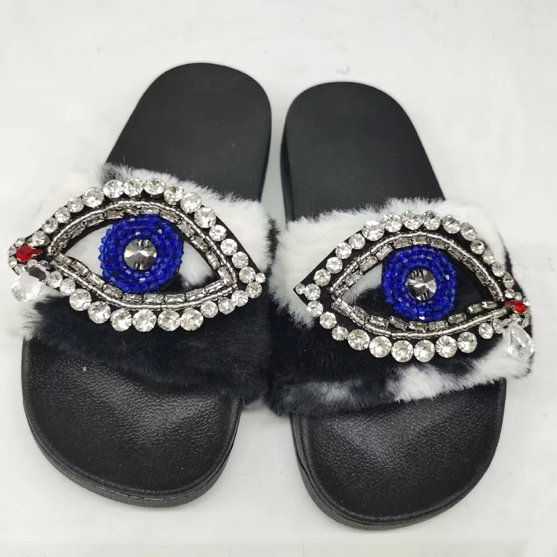 2023 New Women's Non-slip Fully Slippers Fashion Rhinestone Eye Charms Soes Decorative Flat-bottomed Home Slippers Women Shoes