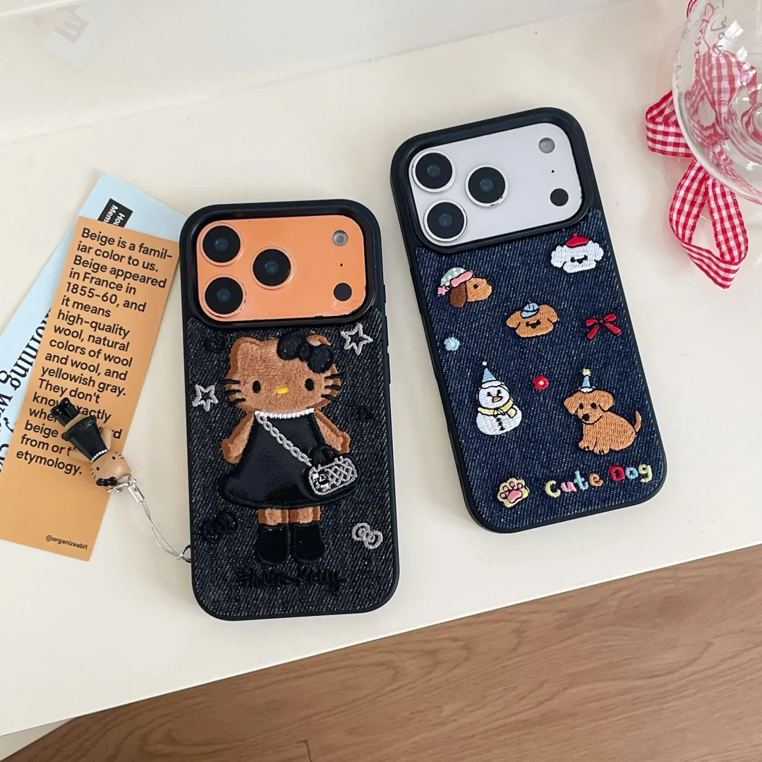 

Retro Denim Embrpoidery Puppy Warm Fabric Phone Case For iPhone 17 Air 16 15 14 13 Pro Max 16 Pro Lovely Back Cover