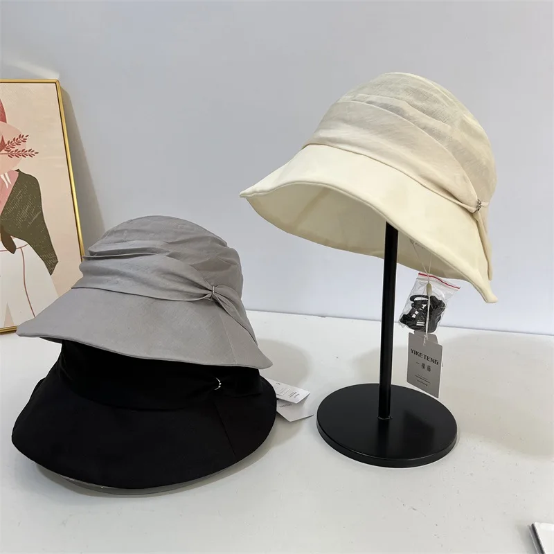 

French Elegant Noble Quality Ramie Bucket Hat Bowknot UV Sun Protection Hats Women Spring Summer Travel Party Basin Cap Comfort
