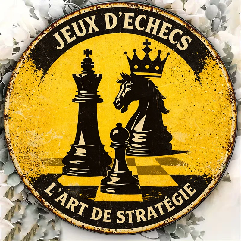 2D Flat  Round Sign Vintage Chess-Themed Plaque Chess Art Decorative Sign Suitable for Living Room Decor Study Decor Bar Decor