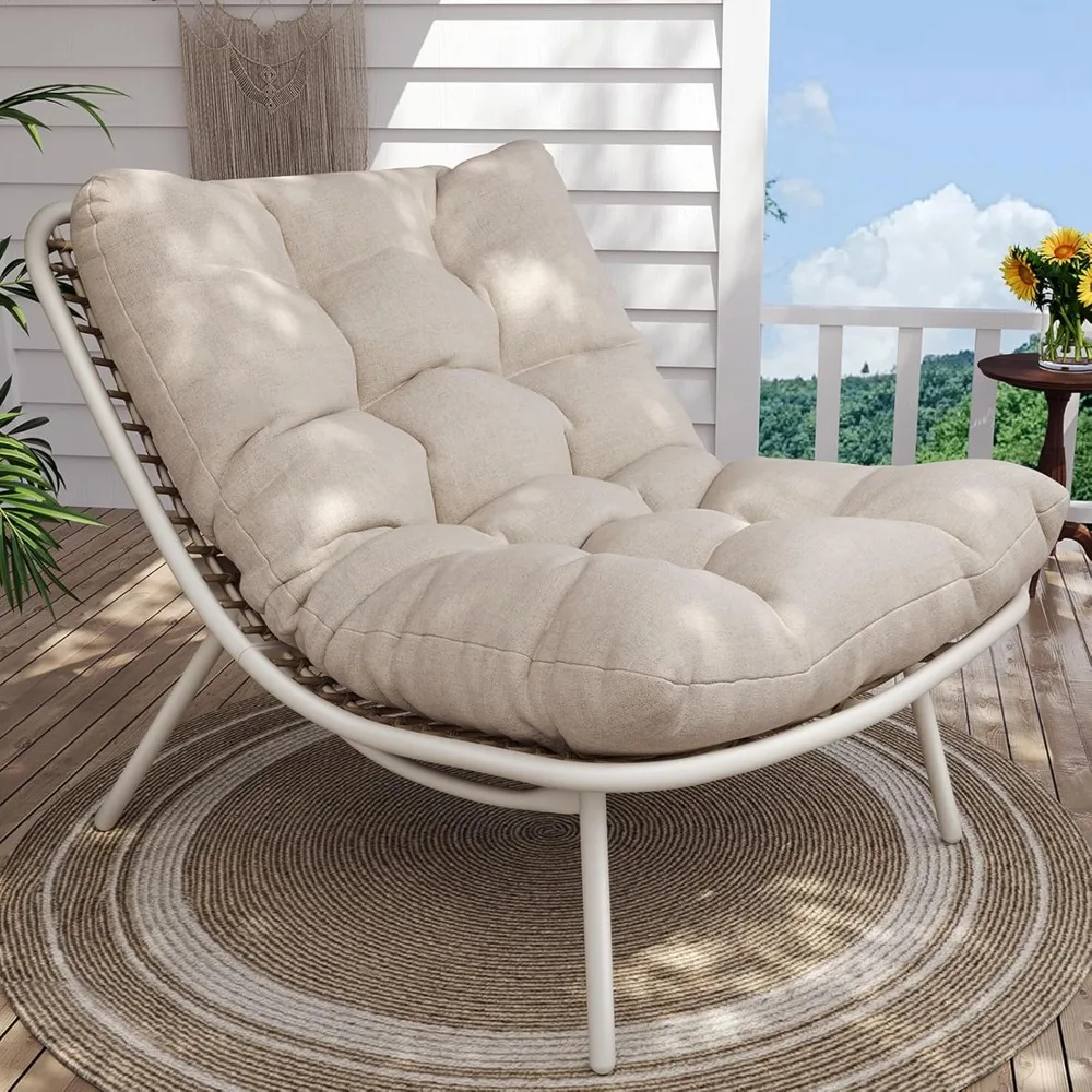 

Wicker Chaise Lounge Chair, Outdoor Papasan Egg Chair Recliner with Thick Cushion, Low Seat Patio Chair for Balcony, Back