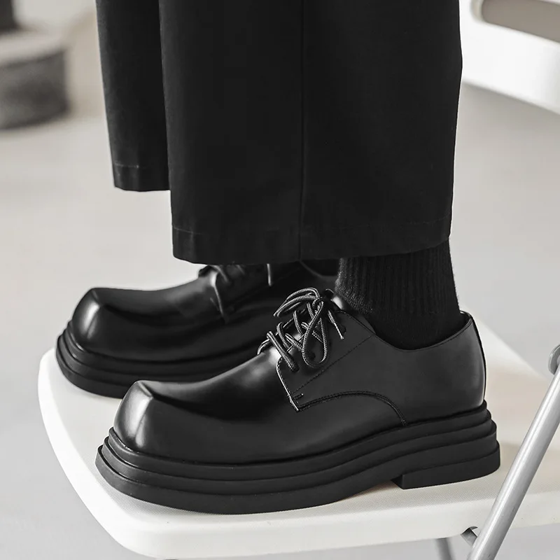 

men's casual genuine leather shoes lace-up derby shoe brand designer square toe sneakers party prom gentleman platform footwear
