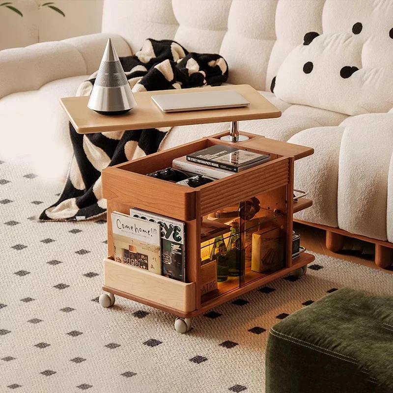 Japanese style Solid Wood Coffee Table Living Room Style Movable Lifting Household Trolley Tea Cabinet Cherry