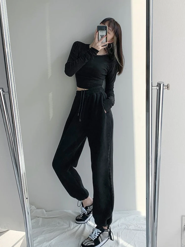 Herbst Winter Dicke Warme Sport Hosen frauen Kordelzug Baumwolle Hosen Hohe Taille Beiläufige Lose Bequeme Sport Jogginghose