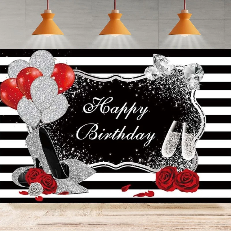 Photography Backdrop Glitter Sequin Sliver High Heel Champagne Diamond Red Rose Background Black White Stripes Birthday Party