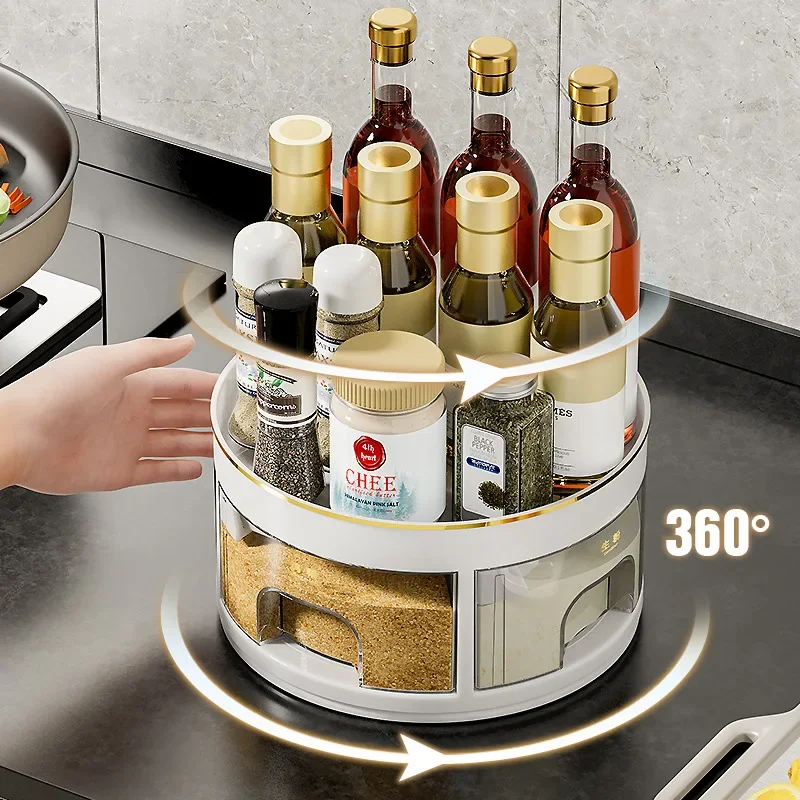 High-capacity Integrated Multi Grid Rotating Seasoning Vinegar Bottle Rack Seasoning Storage Table Top Kitchen Seasoning