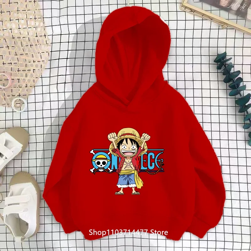 

2024 New One Piece Hoodie Kids Sweatshirt Anime Luffy Hooded Kids Coat Baby Boys Girls Clothing Sudaderas Autumn Warm Sweater