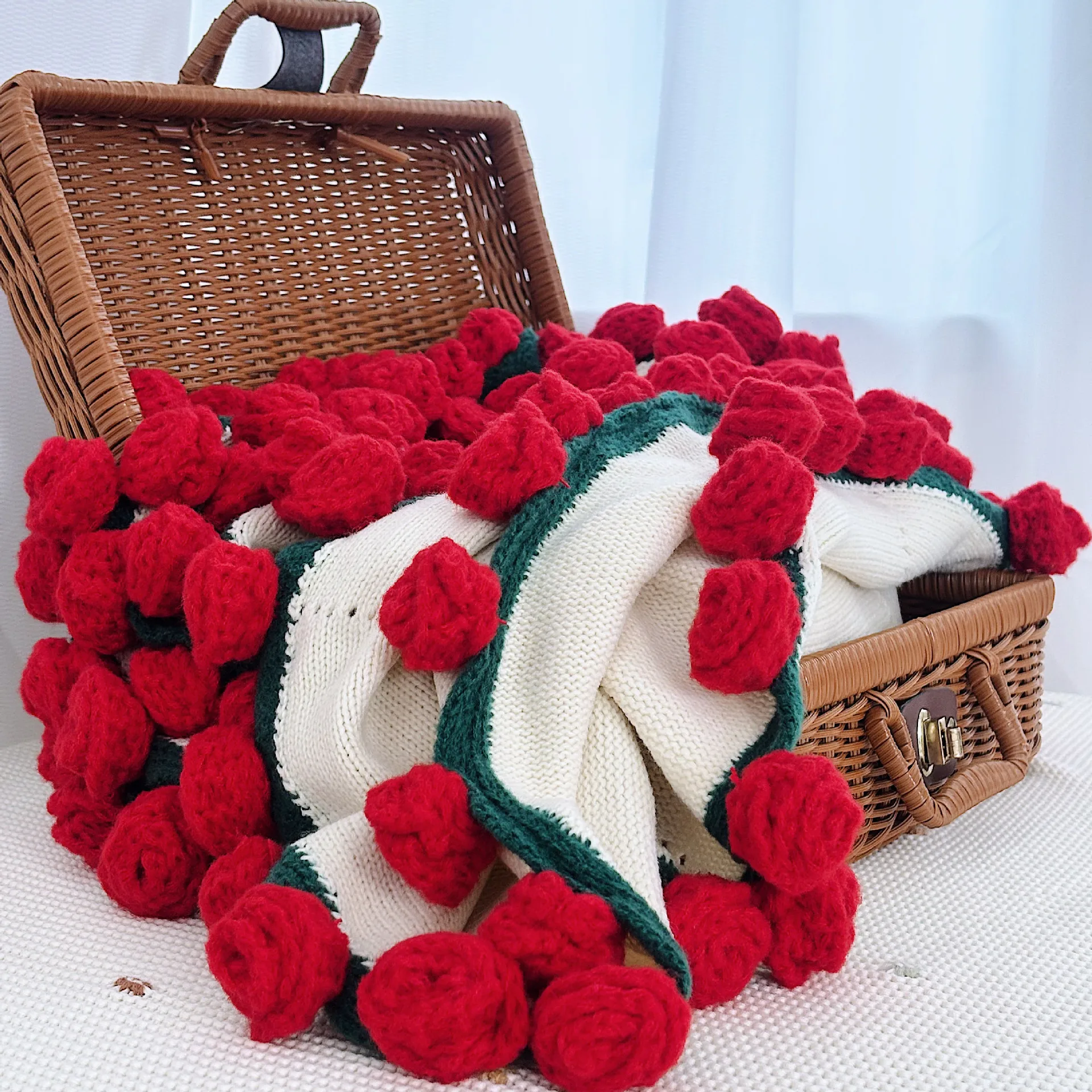 

Finished Rose Blanket Bouquet Rose Flowers Handmade Crochet Acrylic Fuzzy Sweater Bed Couch Mother's Day Gift for Mum Blanket