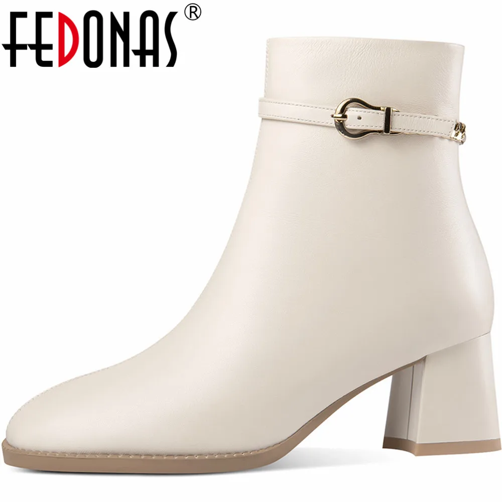 

FEDONAS Basic Women Ankle Boots Genuine Leather Quality Fashion Chains Thick High Heels Office Lady Shoes Woman Autumn Winter