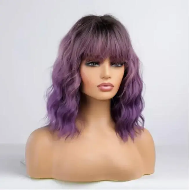 Hair Wigs with Bangs for Women Black Roots Purple Ombre Short Wave