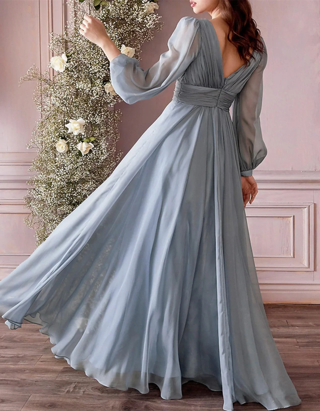 A-Line Bridesmaid Dress V Neck Long Sleeve Blue Floor Length Chiffon with Ruching / Solid Color 2024