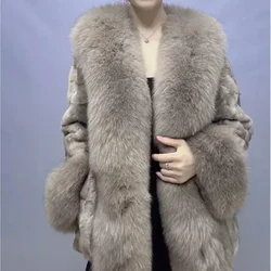 2024 New Autumn Winter Women Real Mink Fur Outerwear High Quality Luxury Warm Middle Length Cardigan Big Collar Coat